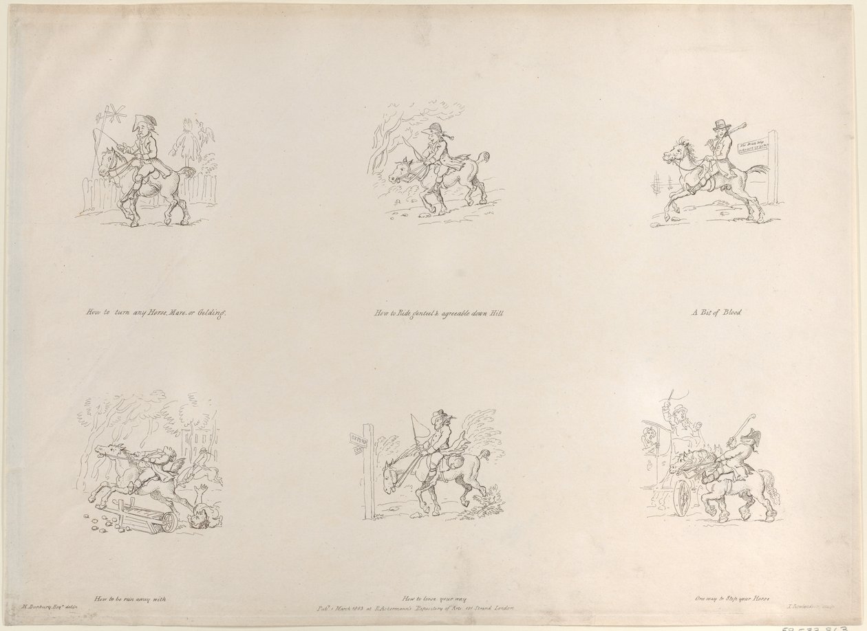 How to turn any Horse, Mare, or Gelding, How to Ride genteel & agreeable down Hill by Thomas Rowlandson