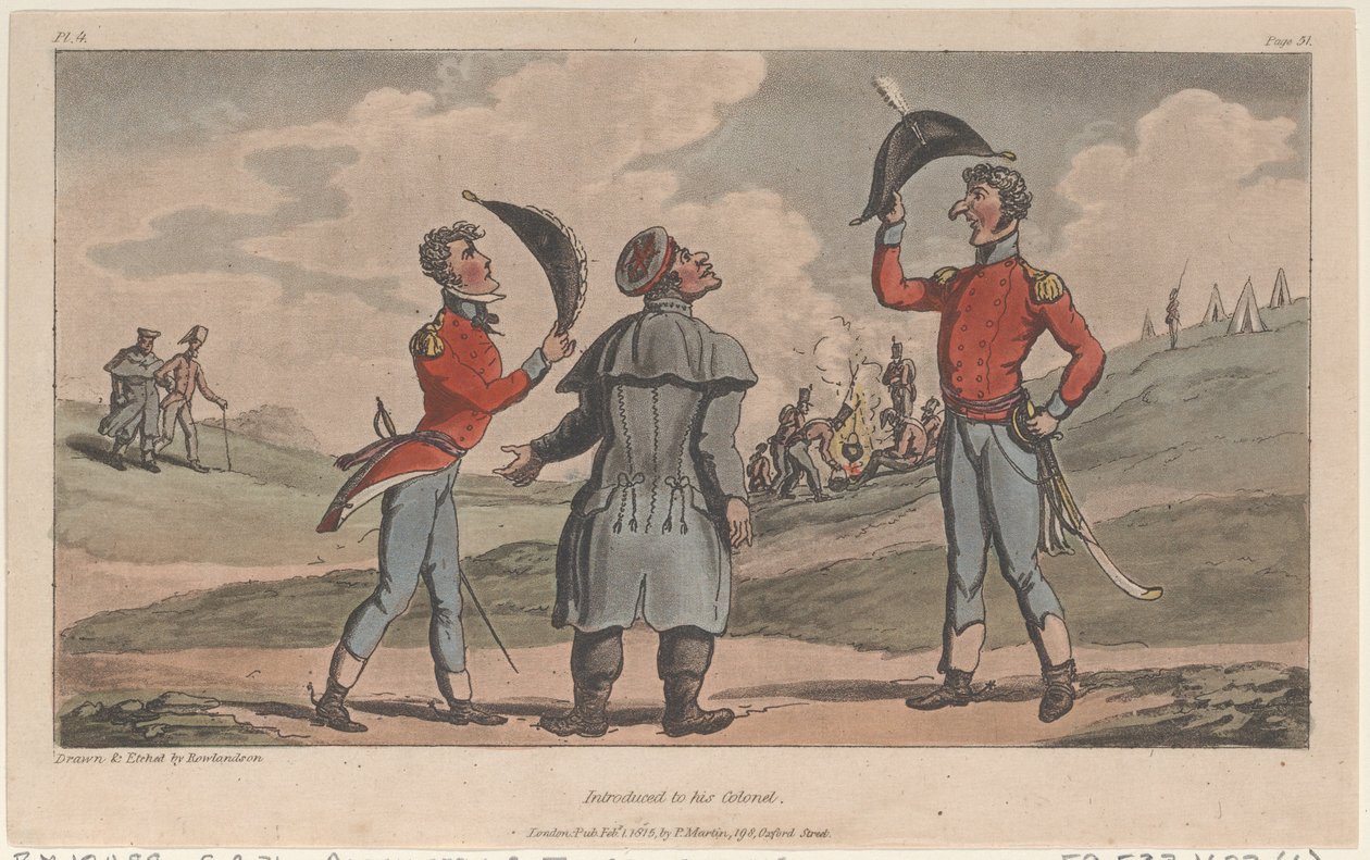 Introduced to his Colonel, from The Military Adventures of Johnny Newcome, 1815 by Thomas Rowlandson