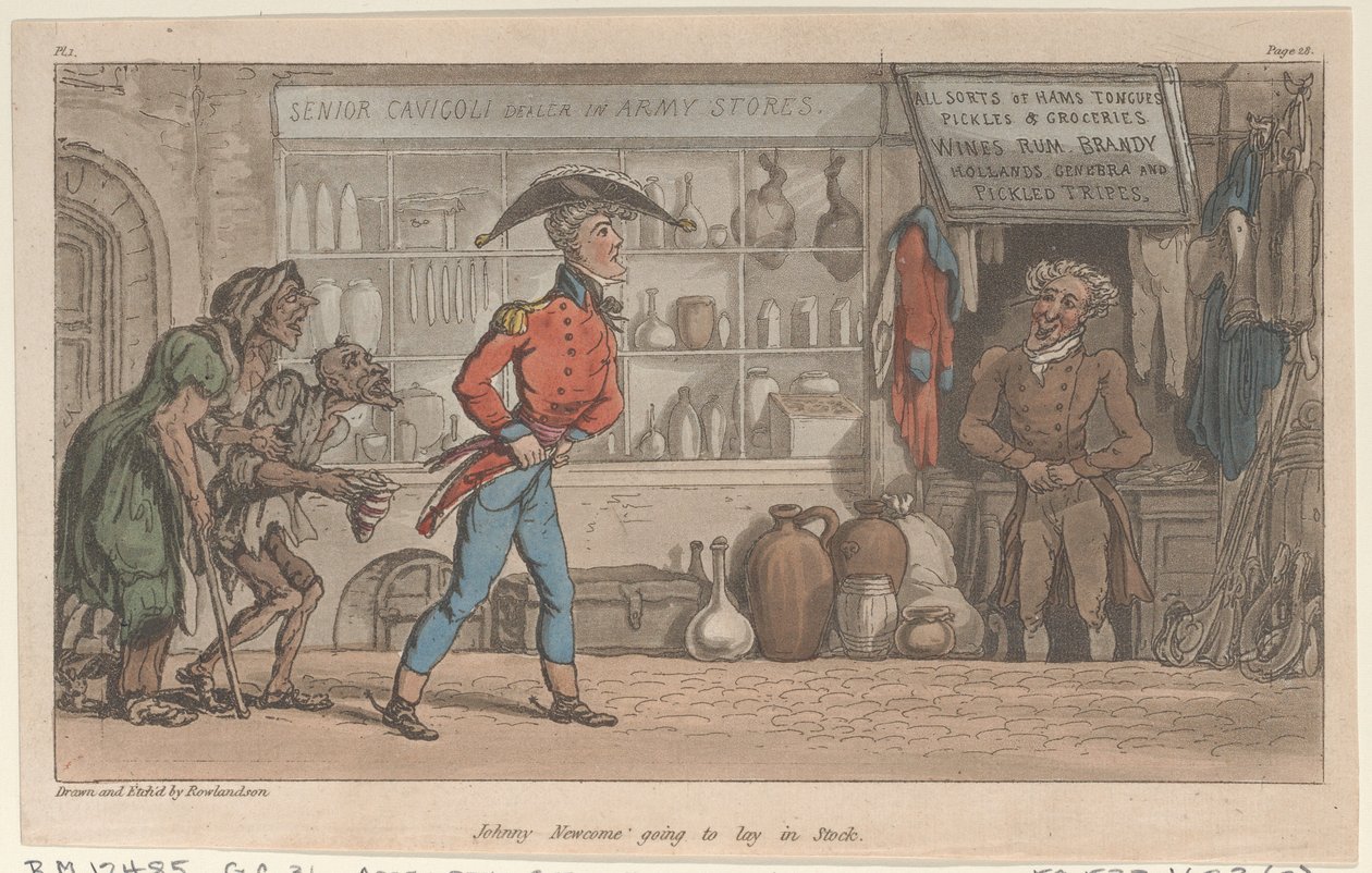 Johnny Newcome Going to Lay in Stock, from The Military Adventures of Johnny Newcome, 1815 by Thomas Rowlandson