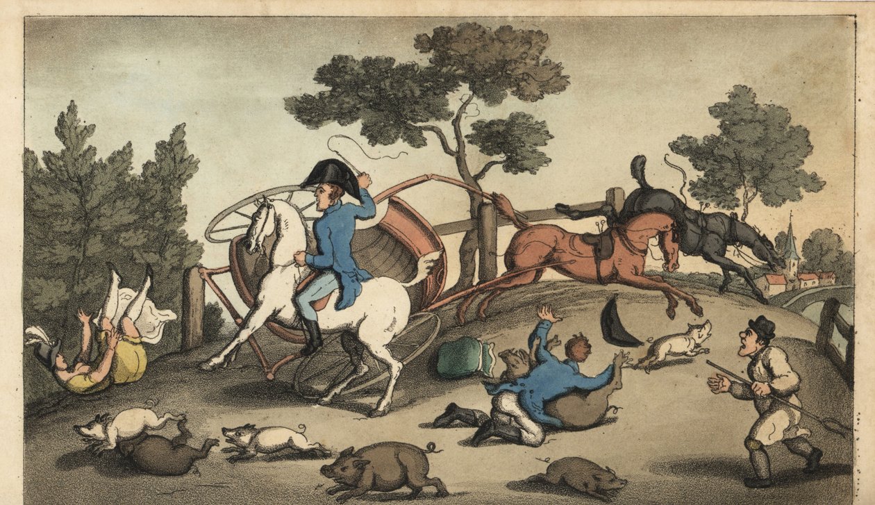 Johnny and a Lady Crash a Gig in a Herd of Swine. Handcoloured Copperplate Engraving by W. Read after an Illustration by Thomas Rowlandson from Alfred Burton
