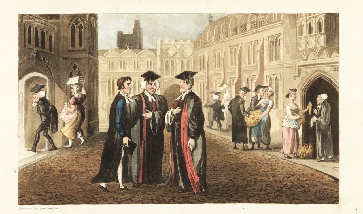 Johnny in robes talking with Dons at Oxford University, while other scholars and students buy corn from grocers and molest maids. Handcoloured copperplate engraving by Thomas Rowlandson from William Combe