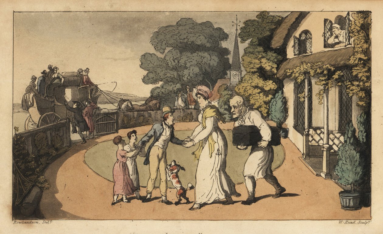 Johnny saying goodbye to his mother and sisters as he leaves for the Royal Navy on a stagecoach. Handcoloured copperplate engraving by W. Read after an illustration by Thomas Rowlandson from Alfred Burton