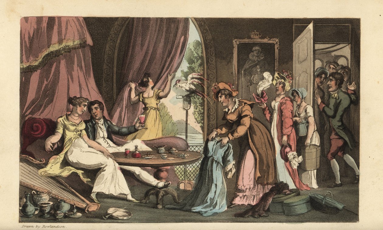Johnny with a spendthrift: they lounge on a sofa drinking wine as a line of tradeswomen show dresses, hats and other finery. A servant closes the door on more sales people. On the floor are vases, a harp, hat boxes, etc. by Thomas Rowlandson