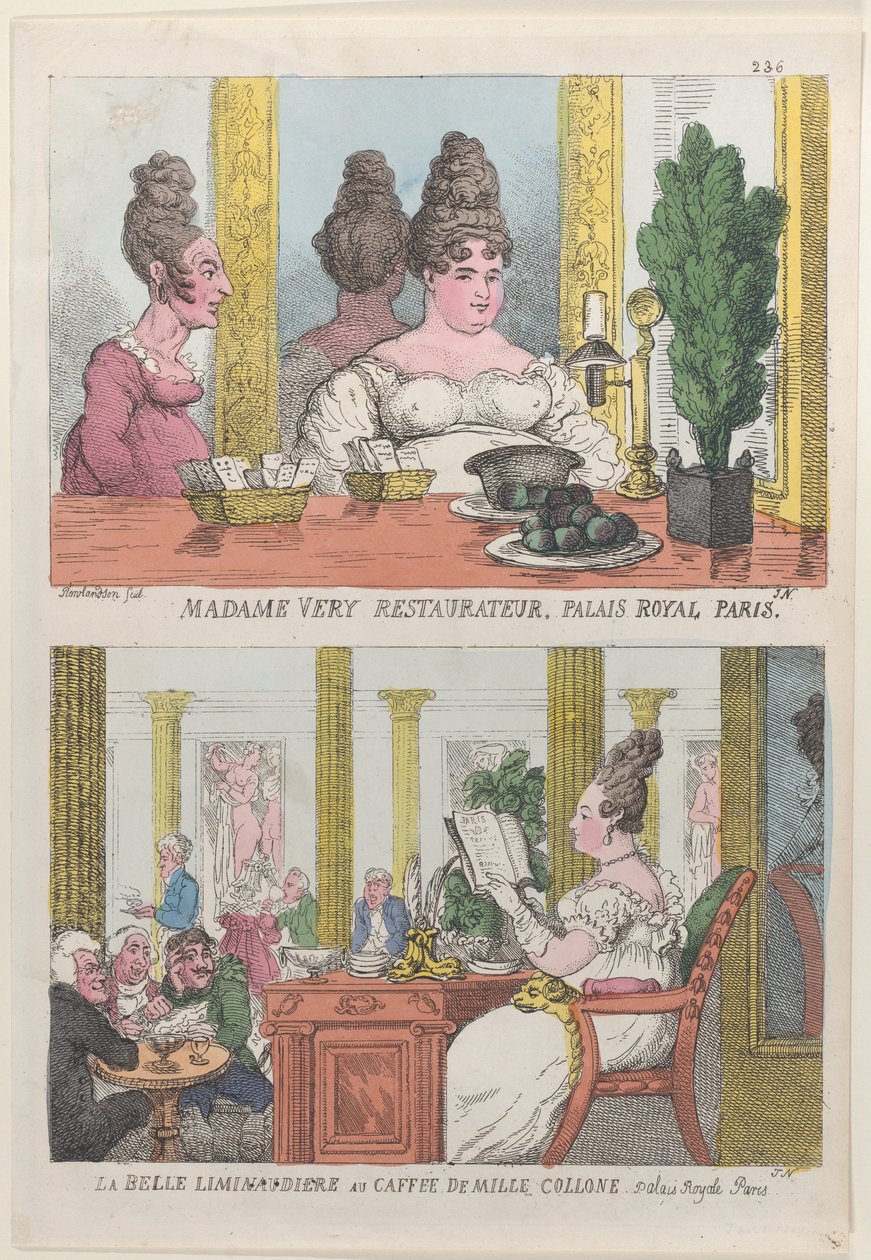 Madame Very Restauranteur, Palais Royal Paris and La Belle Liminaudiere au Caffee De Mille..., 1814 by Thomas Rowlandson