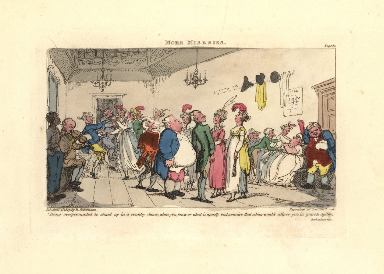 Man embarrassed at being made to dance at a country dance by Thomas Rowlandson