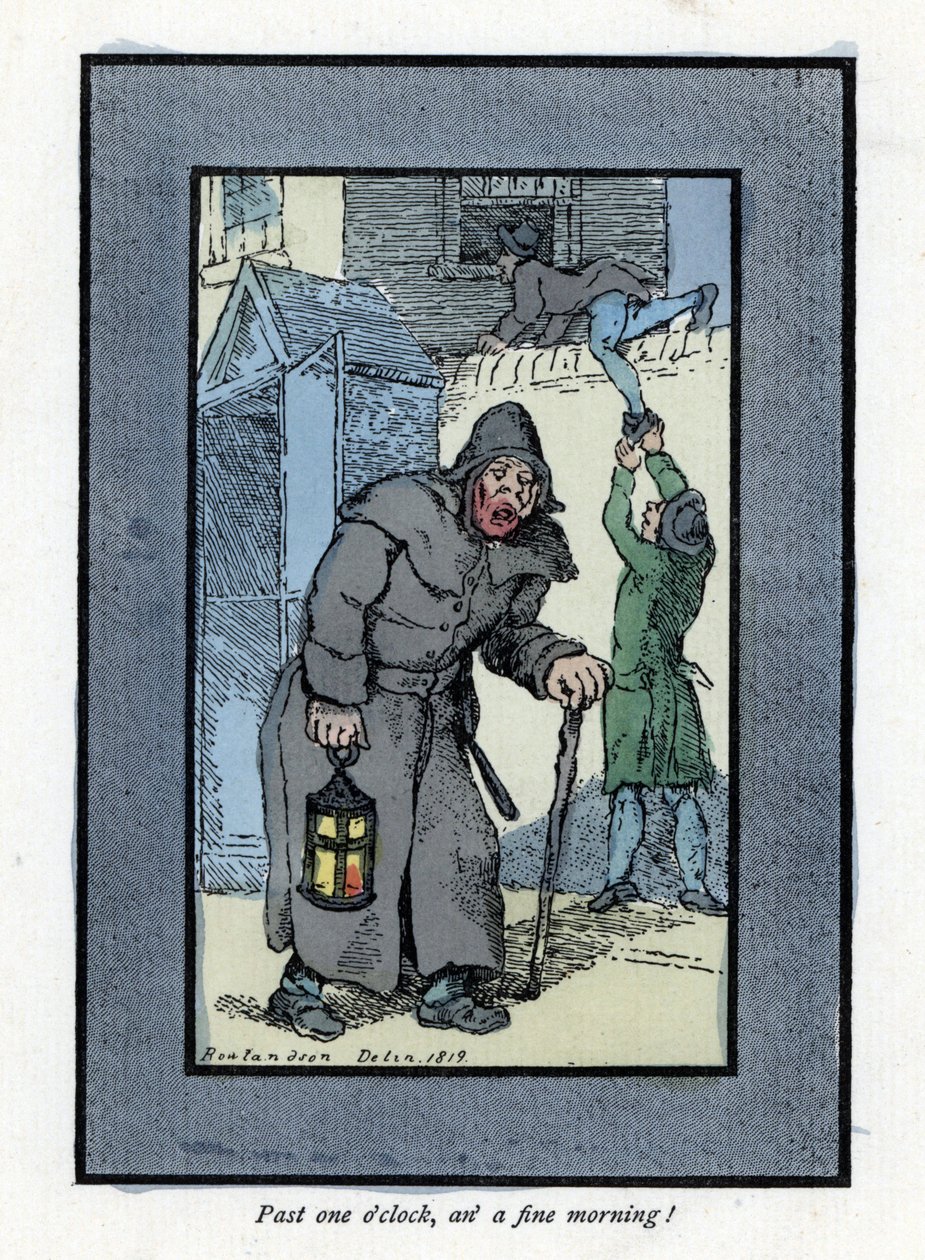 Night watchman with his lantern and stick, inattentive to two burglars entering a house behind him (1819). Wood engraving, based on a painting by Thomas Rowlandson (1756-1827) by Thomas Rowlandson