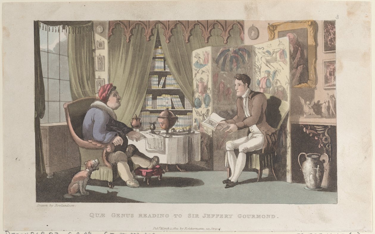Quae Genus Reading to Sir Jeffery Gourmand, from The History of Johnny Quae Genu by Thomas Rowlandson
