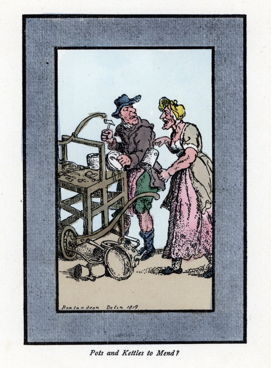 Roaming and client retamer showing the bottom of a pot. He hits a metal pot with a hammer on a portable bench. Wood engraving, based on a painting by Thomas Rowlandson by Thomas Rowlandson