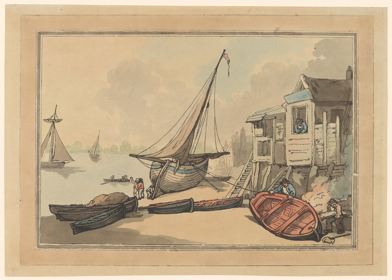 Rowboats and a Sailing Ship on a Shore by Thomas Rowlandson