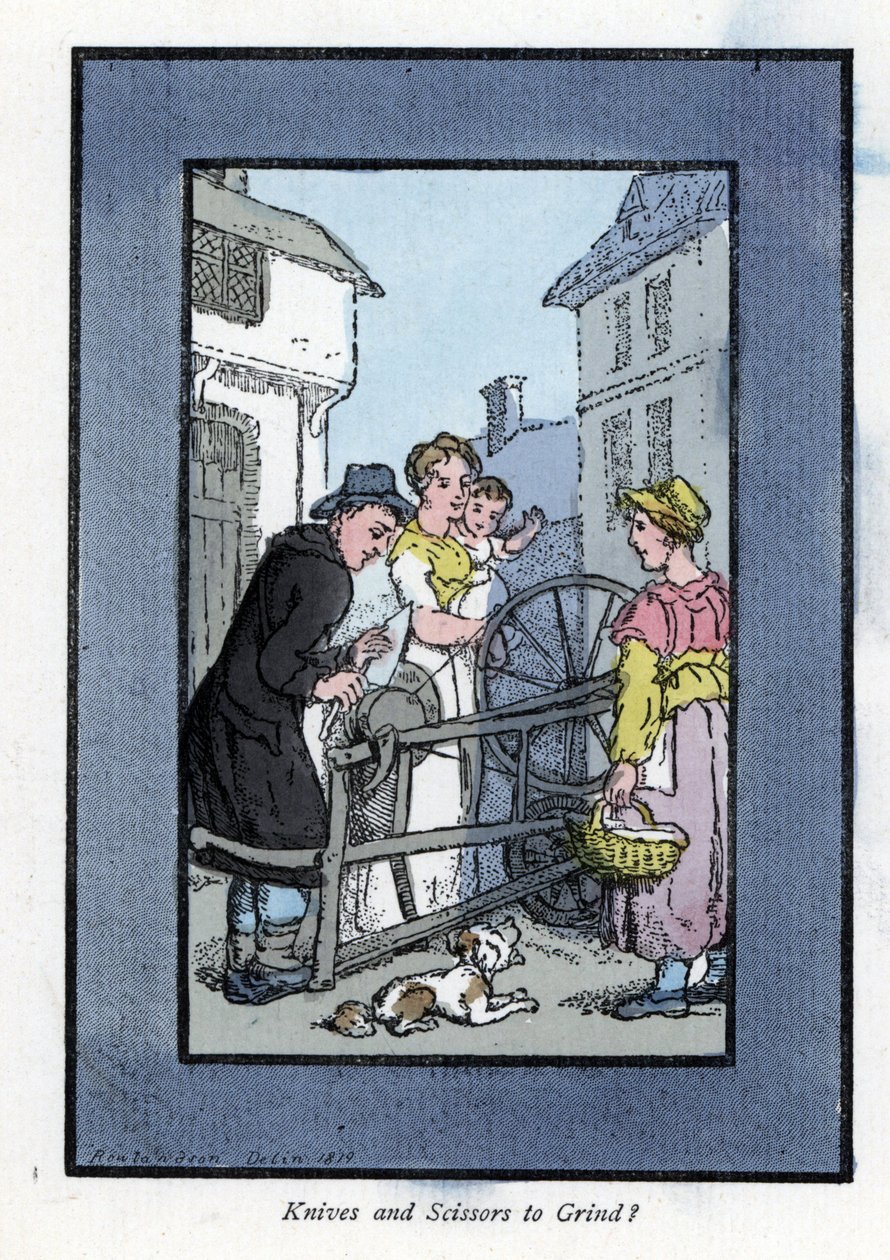 Sharpener sharpening a knife on his grinding wheel, with his clients by Thomas Rowlandson