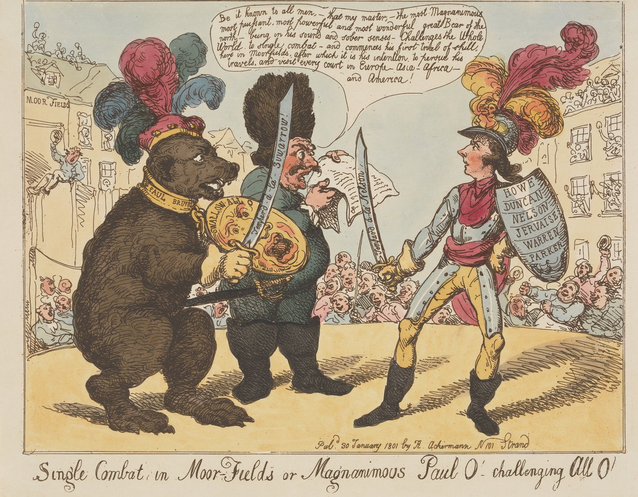 Single Combat, in Moorfields, or Magnanimous Paul O! - Challenging all O! (from: Caricature, vol. 4) by Thomas Rowlandson