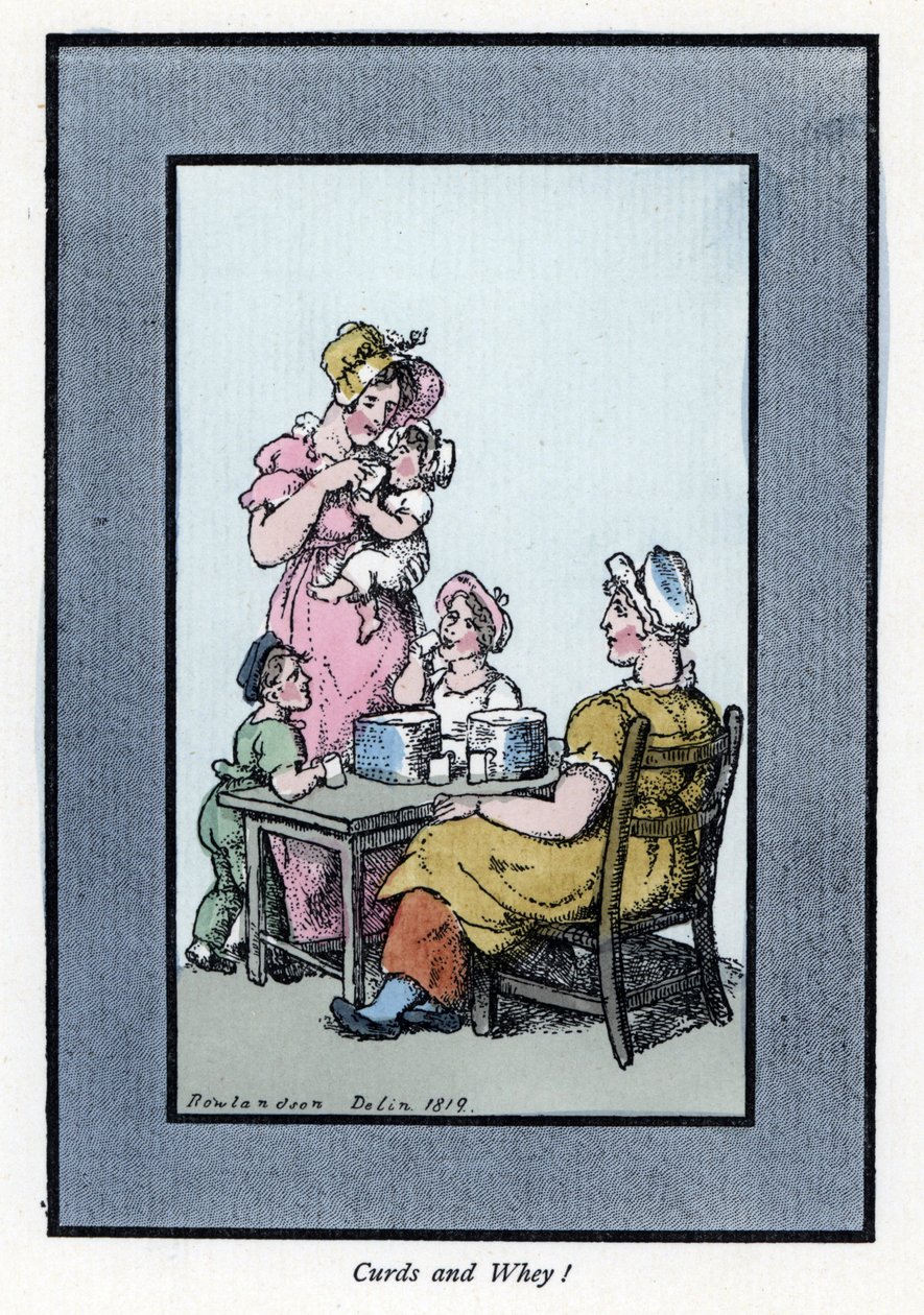 Sitting woman selling quail milk and milk to a mother and children. Wood engraving, based on a painting by Thomas Rowlandson by Thomas Rowlandson