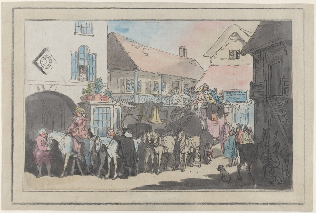 Stage Coach and Riders in the Yard of an Inn, Preparing to Depart by Thomas Rowlandson
