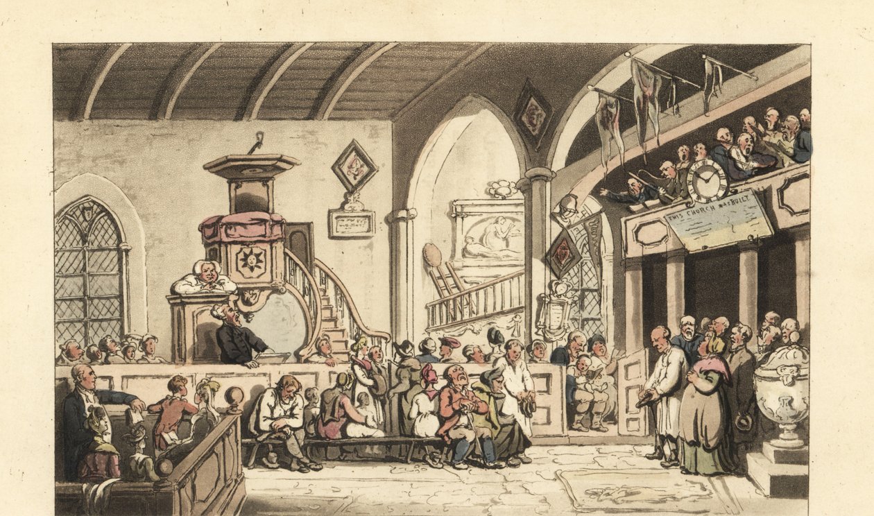 Sunday Service in a Country Church, Regency Era by Thomas Rowlandson