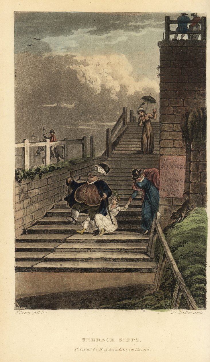 Terrace Steps: Tourists Take a Tumble Down the Stairs of Cliff Terrace by Thomas Rowlandson