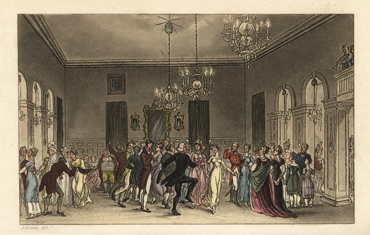 The Ball Room: fashionable tourists dancing in Scarborough Assembly Rooms by Thomas Rowlandson