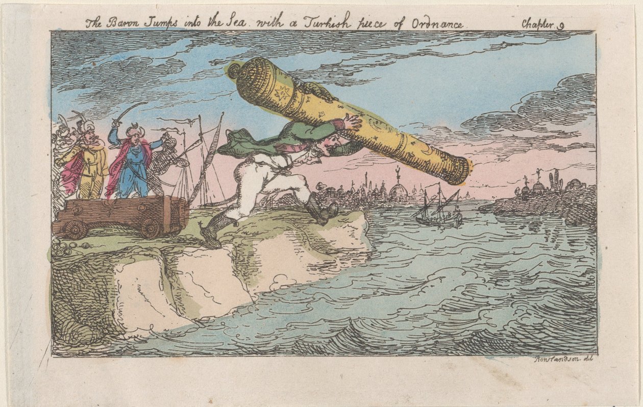 The Baron Jumps into the Sea with a Turkish Piece of Ordnance, [1809], reissued 1811 by Thomas Rowlandson