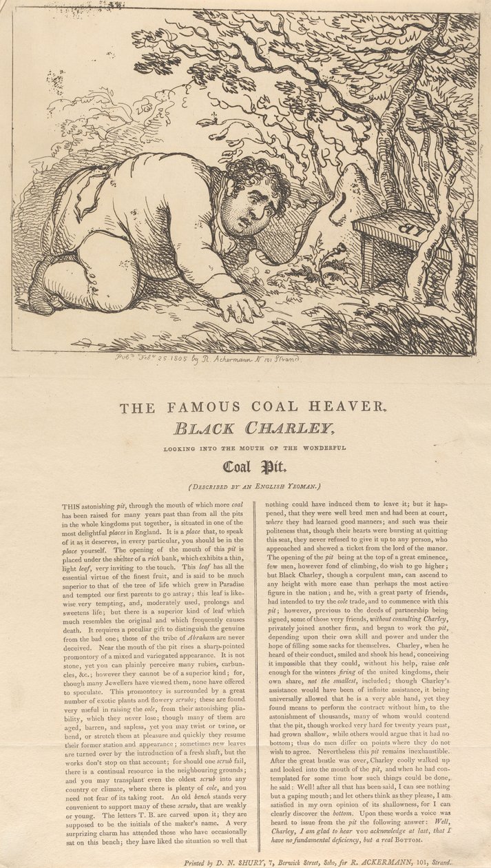 The Famous Black Coal Heaver, Black Charley, Looking into the Mouth of the Wonderful Coal Pit by Thomas Rowlandson