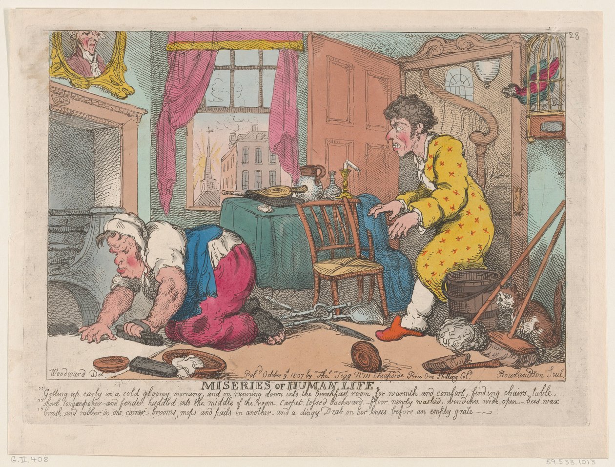 The Miseries of Human Life: Getting Up Early in a Cold Gloomy Morning by Thomas Rowlandson