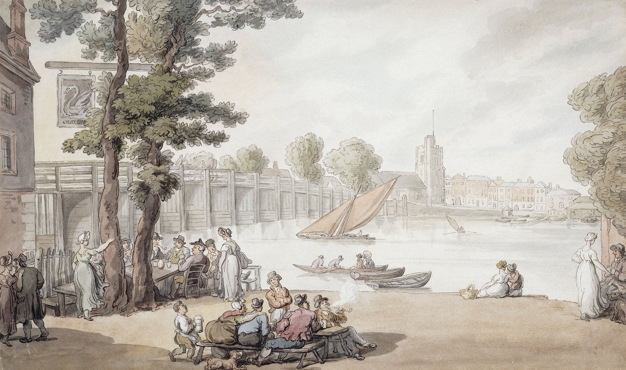 The Old Swan Inn, with a View of Putney Bridge Beyond by Thomas Rowlandson