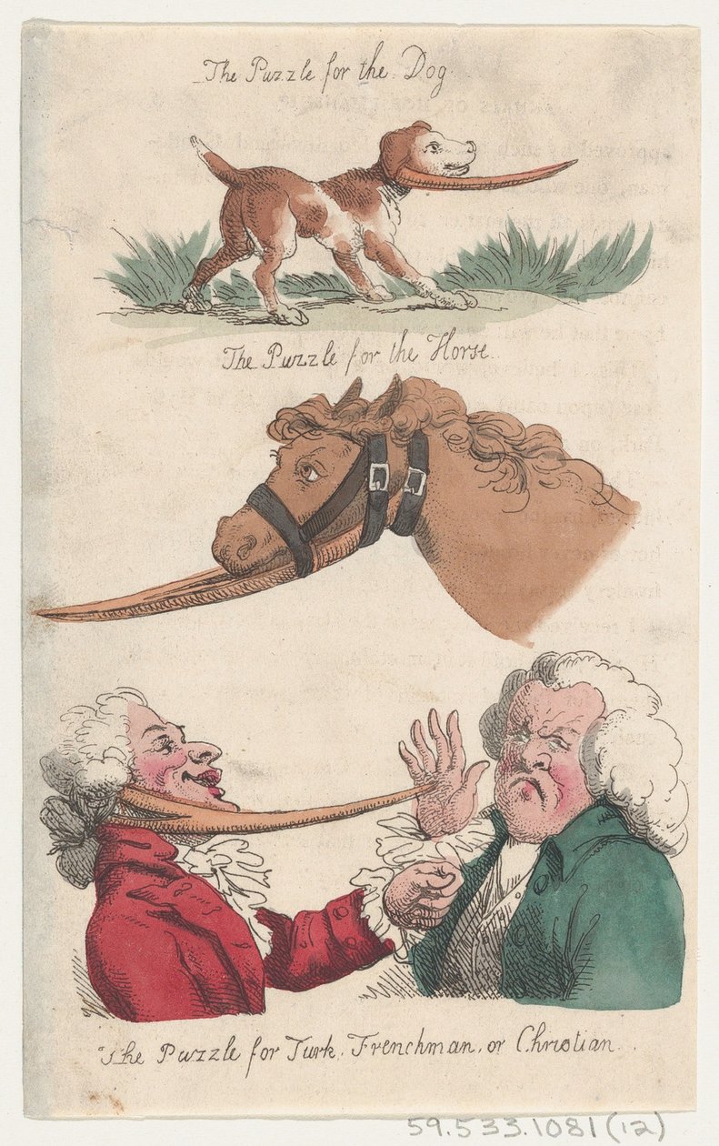 The Puzzle for the Dog, The Puzzle for the Horse, The Puzzle for Turk, Frenchman, or Chris by Thomas Rowlandson
