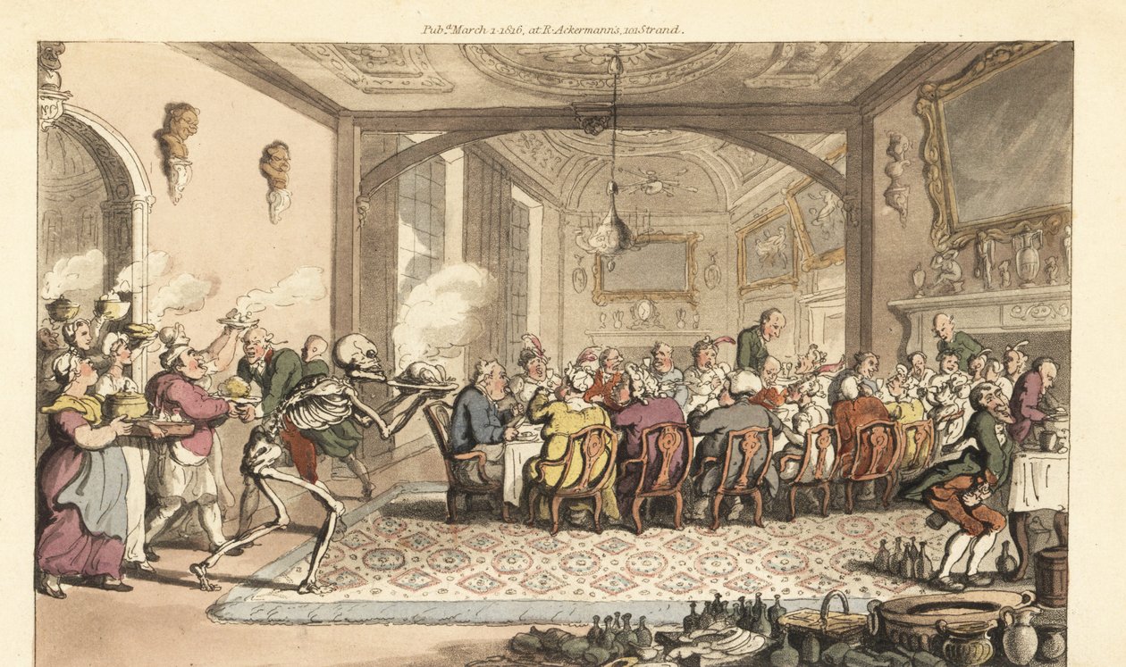 Death Brings a Fatal Dish to a Gluttonous Feast by Thomas Rowlandson
