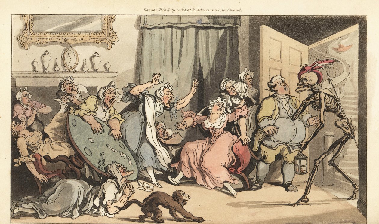 The Skeleton of Death Comes for Miss Mustard, One of the Old Maiden Ladies Playing Cards in a Parlour by Thomas Rowlandson