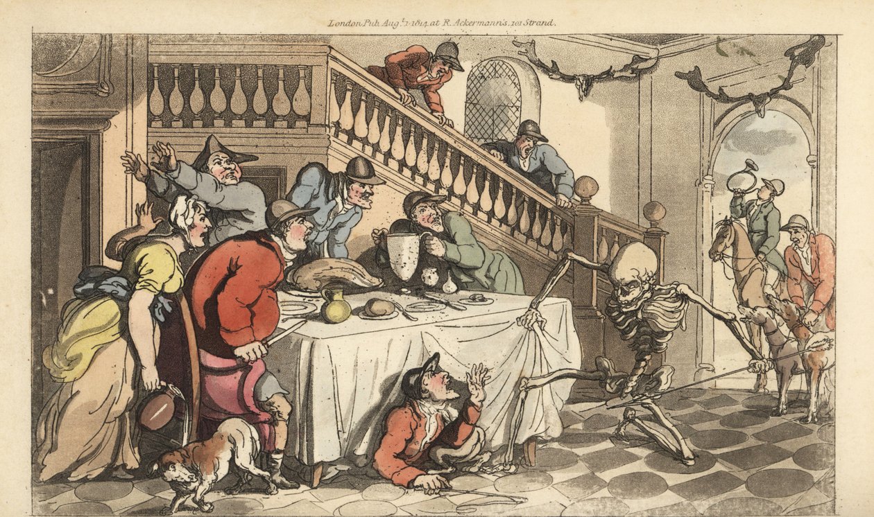 The skeleton of Death comes for a Hunter as he hides under a table after a fox hunt. Handcoloured copperplate drawn and engraved by Thomas Rowlandson from The English Dance of Death, Ackermann, London by Thomas Rowlandson