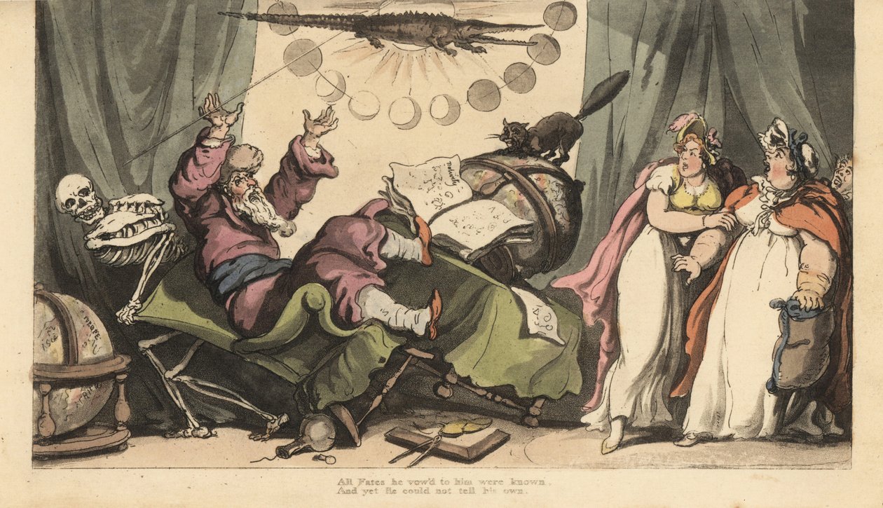 The Skeleton of Death Comes for the Fortune Teller in His Room Decorated with Planetary Globes, Astrology Books, and Crocodile. Two Lady Clients Watch in Terror. Handcoloured Copperplate Drawn and Engraved by Thomas Rowlandson from The English Dance of Dea by Thomas Rowlandson