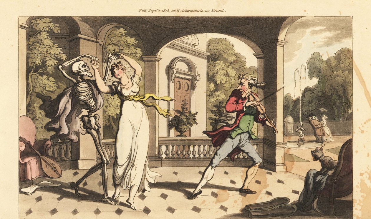 The skeleton of Death in a cape dances a final waltz with fragile Caelia, as her dance tutor looks aghast by Thomas Rowlandson