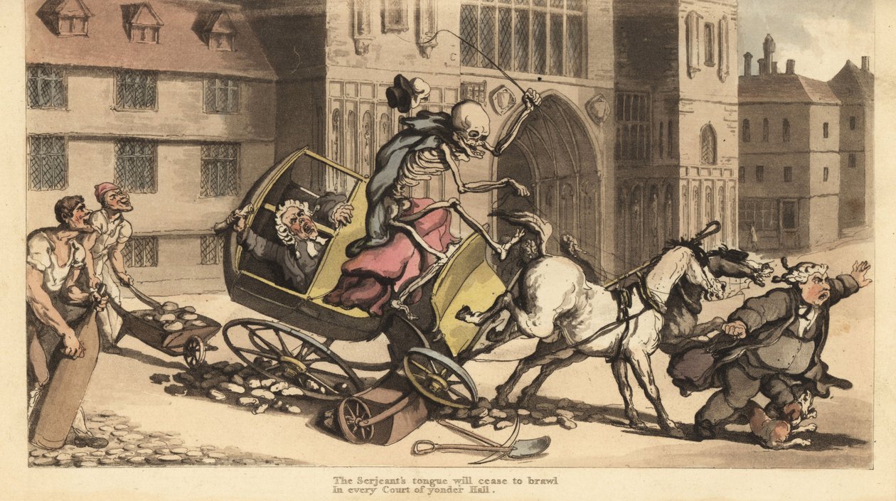 The Skeleton of Death in Cloak and Cap Drives a Two-Horse Carriage as it Crashes into Roadworks Killing His Passenger, a Court Officer by Thomas Rowlandson