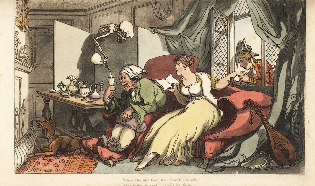 The skeleton of Death pours a fatal glass of wine for old fool Sir Peter on his honeymoon, while his young wife Julia flirts with Major Henry at the window by Thomas Rowlandson