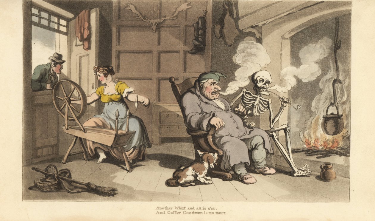 The skeleton of Death smokes a pipe at the fireside with old Gaffer Goodman, while his young wife is seduced by a suitor at the window by Thomas Rowlandson