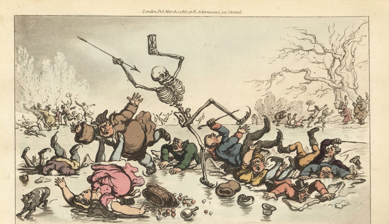 The Skeleton of Death Skating on a Frozen Pond. Handcoloured Copperplate by Thomas Rowlandson from 