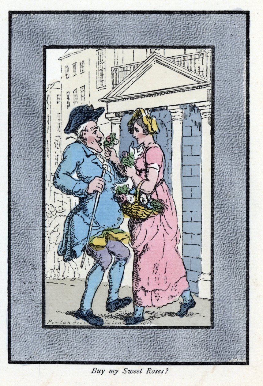 Travelling Flower Vendor, Approaching a Smiling Gentleman with a Small Bouquet of Roses (1819) by Thomas Rowlandson