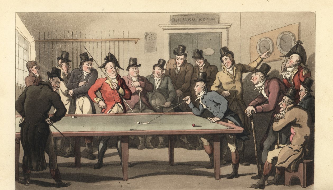 Young English Gentlemen Playing a Game of Billiards by Thomas Rowlandson