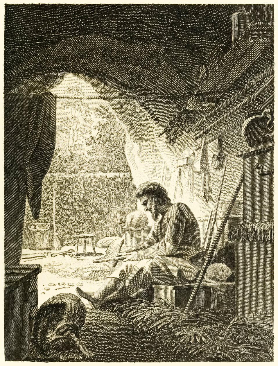 Robinson Crusoe at Work in His Cave from The Life and Strange Surprising Adventures of Robinson Crusoe, or York, Mariner by Daniel Defoe by Thomas Stothard