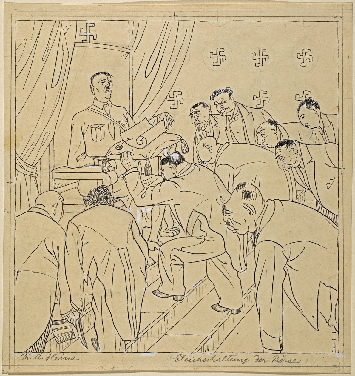 Synchronization of the Stock Exchange; Simplicissimus XXXV/36, 1930 by Thomas Theodor Heine