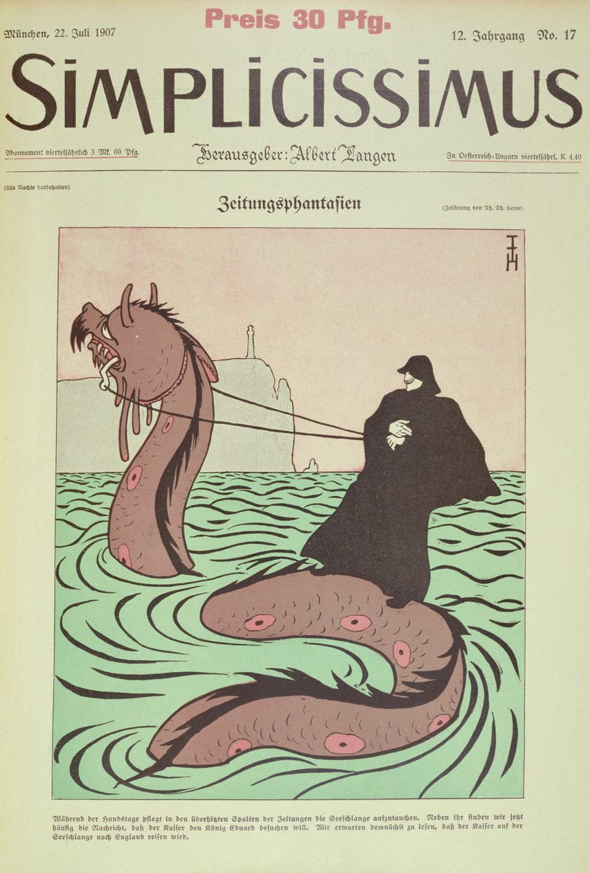 Kaiser rides the Sea Snake to England, cover Illustration from Simplicissimus by Thomas Theodor Heine