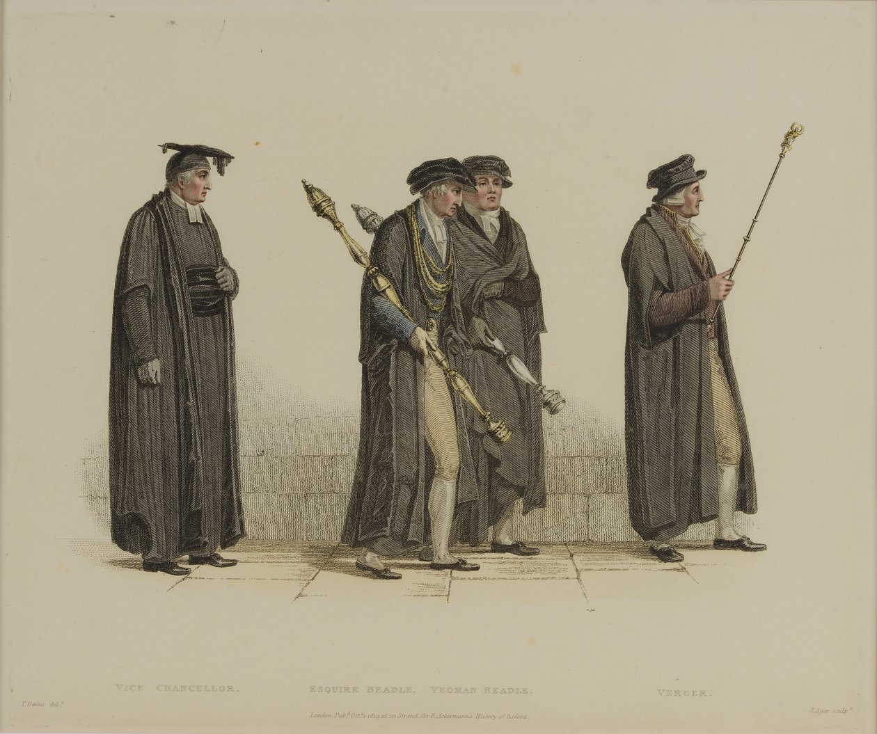 Vice Chancellor, Esquire Beadle, Yeoman Beadle, Verger, engraved by J. Agar, published in R. Ackermann