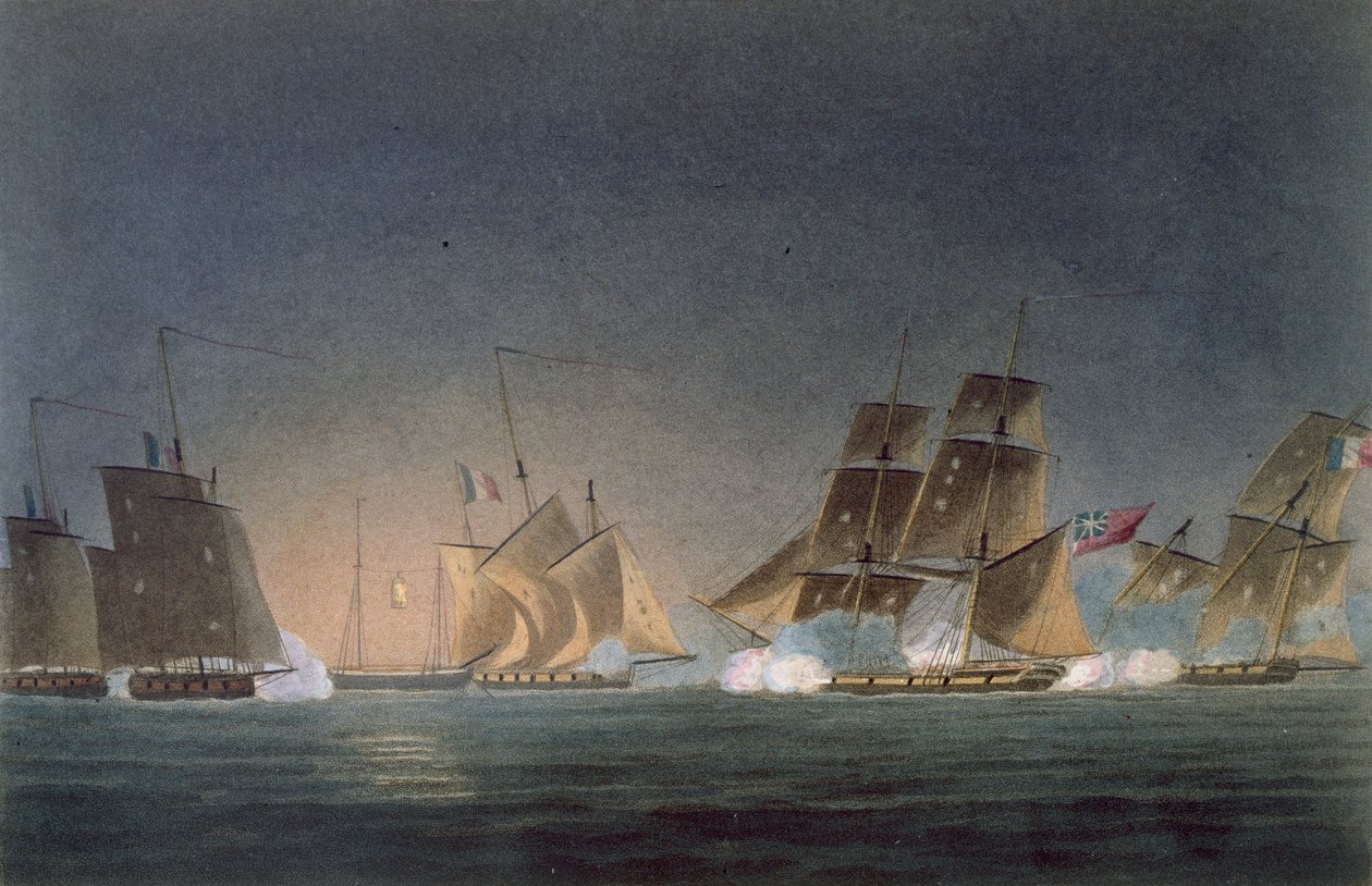 HMS Rinaldo engaging four French Privateers, engraved by J. Bailey for 
