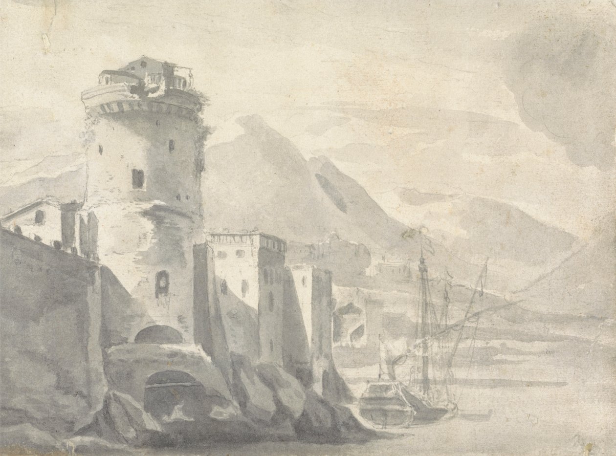 Fortified Buildings Rising Steeply from a River Bank (in Italy ?) with Boat Centre and Distant Mountains by Thomas Wyck