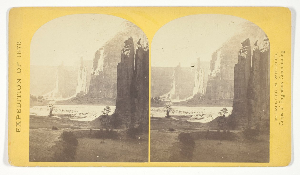 Central Portion of Canyon de Chelly, New Mexico. This Canyon is one of the most remarkable in the west, and is noted for its beauty. The walls are of Red Sandstone, nearly perpendicular, and at this point are 1,200 feet in height, No. 24 from the series by Timothy O