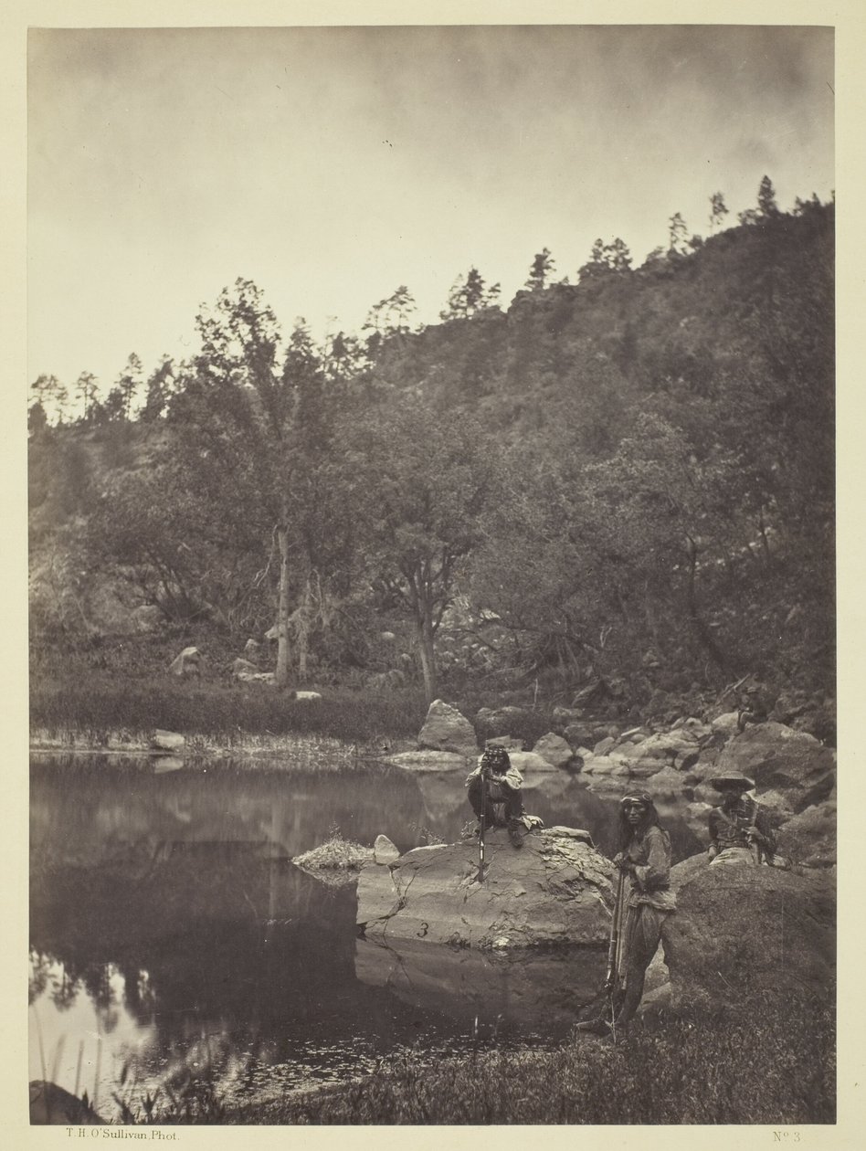 View on Apache Lake, Sierra Blanca Range, Arizona, Two Apache Scouts in the Foreground by Timothy O