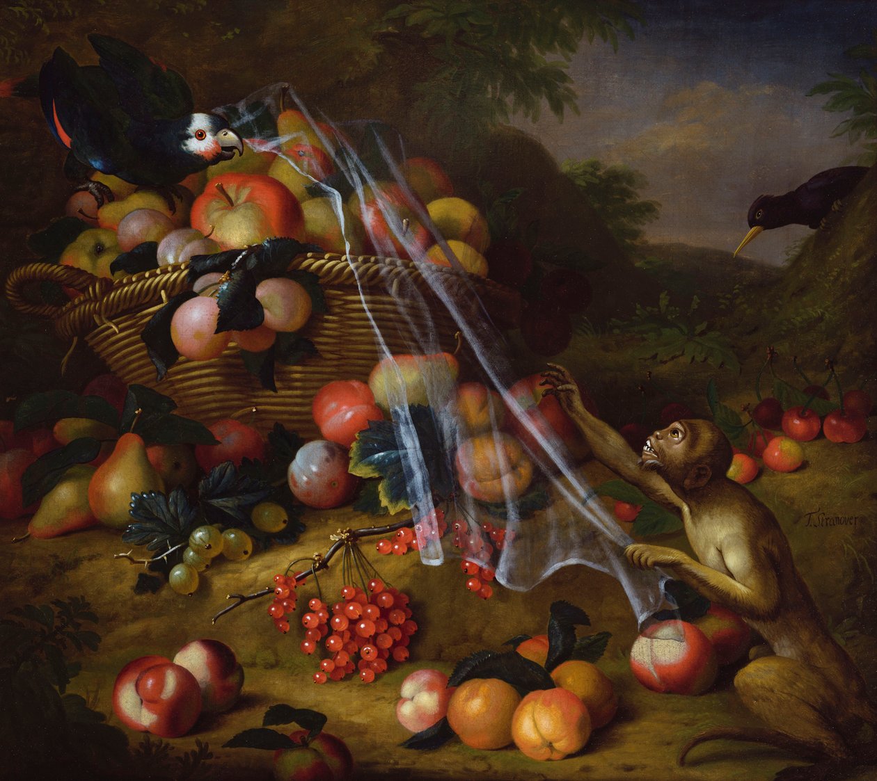 Mixed Fruit with a Monkey, a Parrot, a Jay and Two Finches in a Landscape by Tobias Stranover