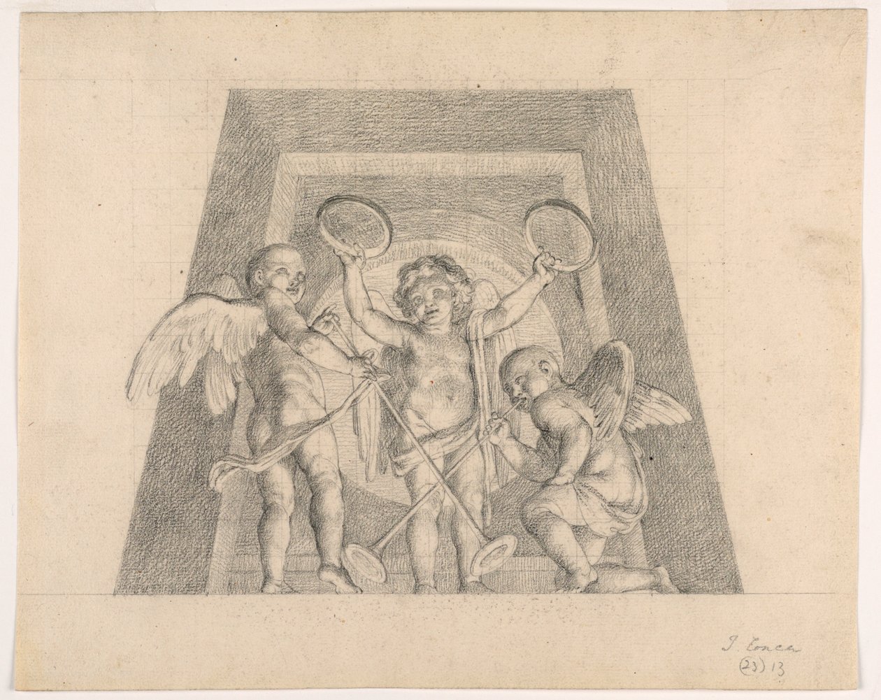 Three Putti with Tambourines and Trumpets, Design for Lunette of the Sala delle Muse, Museo Pio-Clementino, Vatican by Tommaso Maria Conca