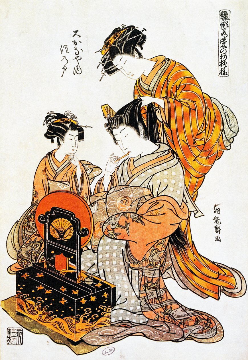 Woman in front of mirror while having her hair combed, ukiyo-e art print by Torii Kiyonaga by Torii Kiyonaga