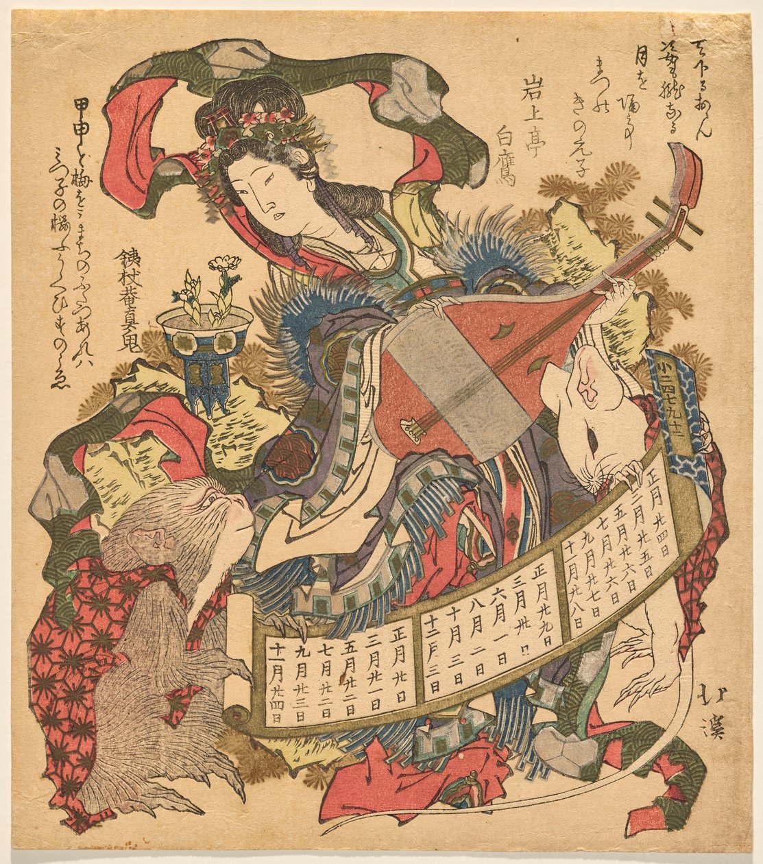 Benzaiten Playing Biwa with Monkey and White Rat by Totoya Hokkei