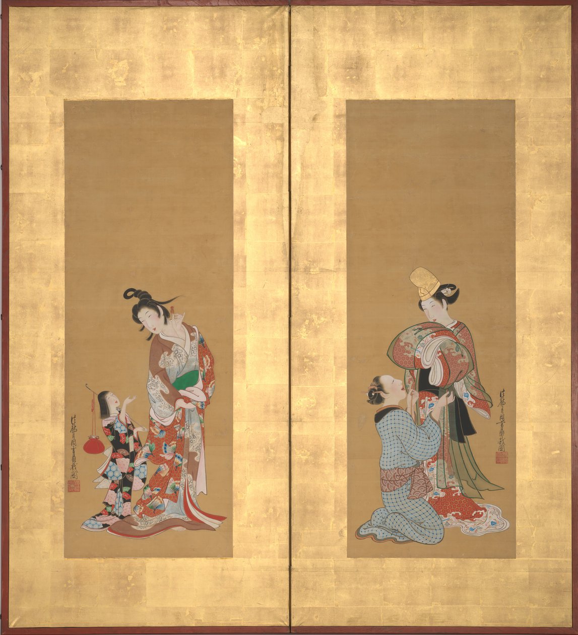 Shirabyoshi Dancer and Female Servant, Courtesan and Girl Attendant by Tsukioka Masanobu