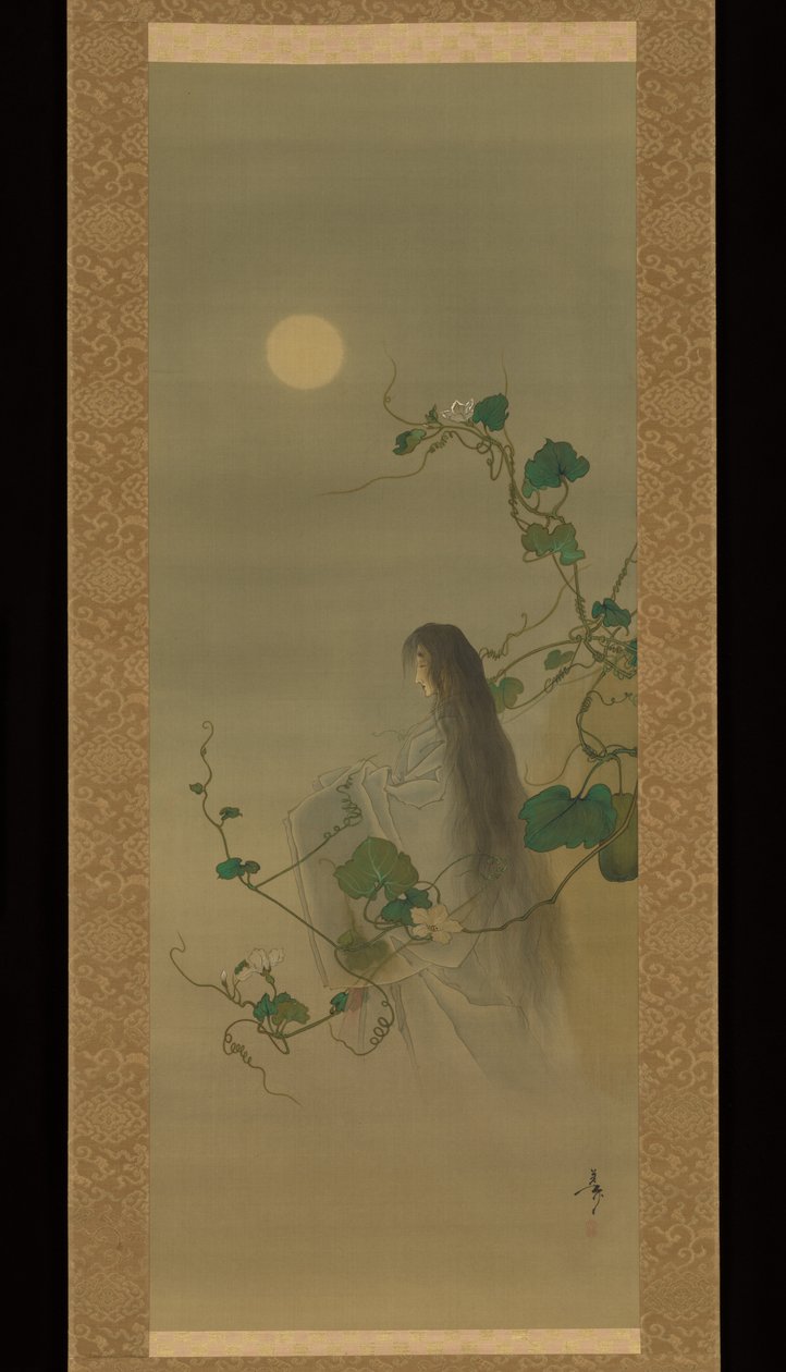 The Spirit of the Deceased Yūgao Entwined in Moonflower Vines, based on the print “The Lady of the Evening Faces,” from the series One Hundred Aspects of the Moon by Tsukioka Yoshitoshi
